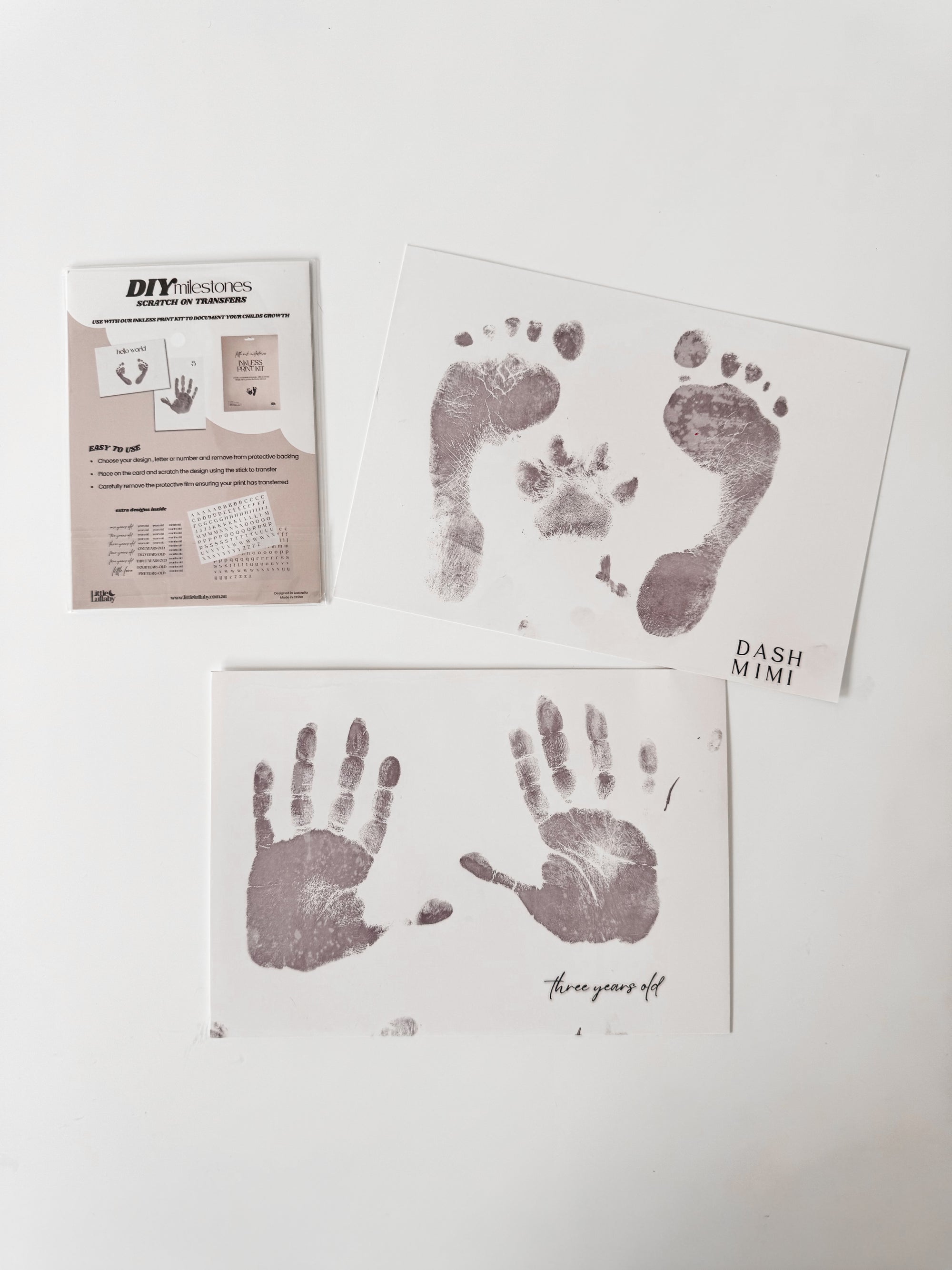 Baby handprints and footprints with sticker transfers two years old and name