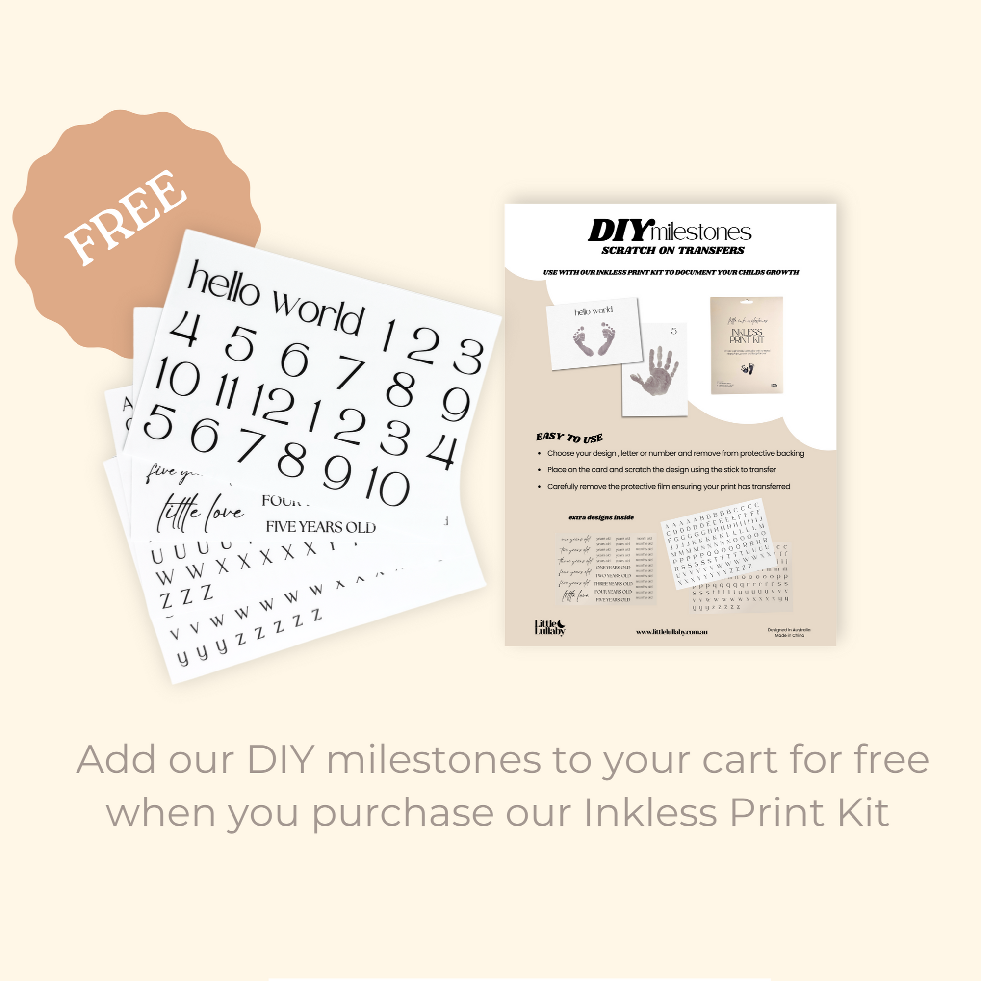 Baby-safe inkless footprint kit with free milestone transfer sheet”