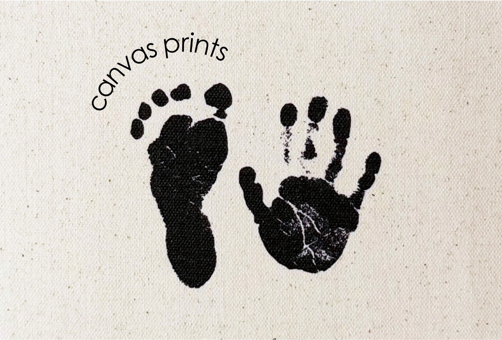 Black foot and hand prints on a textured beige background with 'Canvas Prints' text.